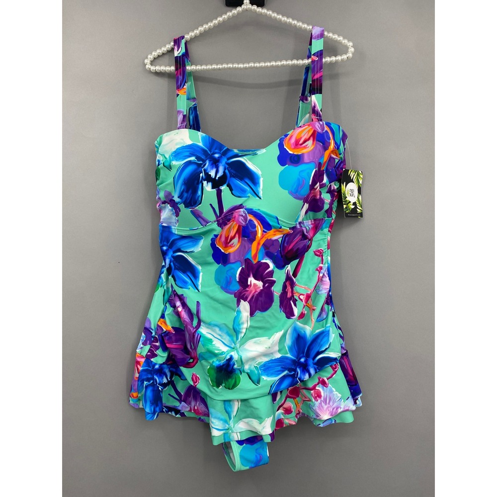 Mazu Swim Floral One Piece Swim Dress Womens 22W Mint Green Tropical Swimsuit